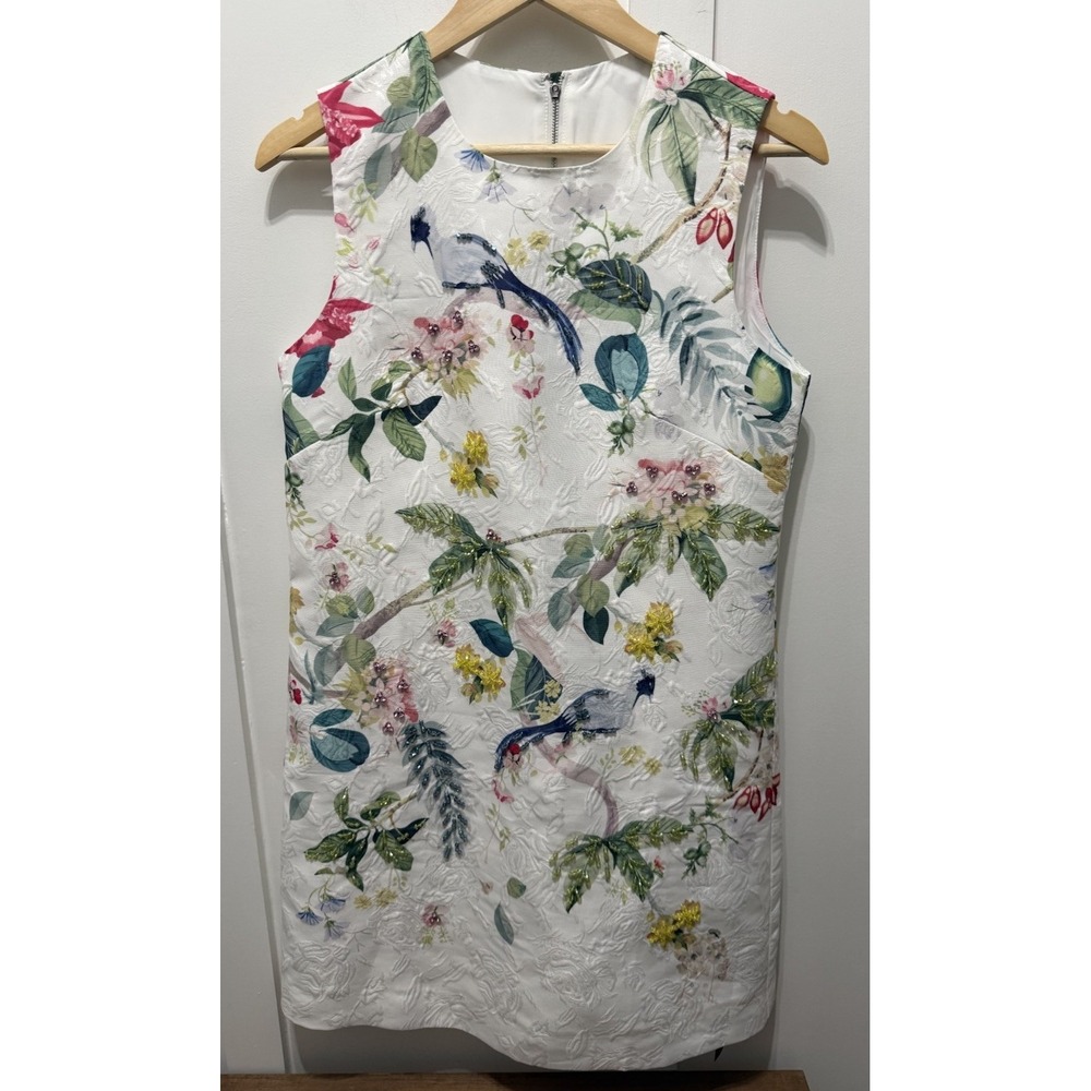Fashion Classics White Floral Bird Jacquard Beaded Sleeveless Shift Dress Large - Picture 9 of 9